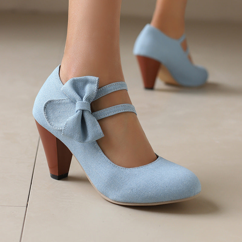 Round Toe High Heels Denim Bow