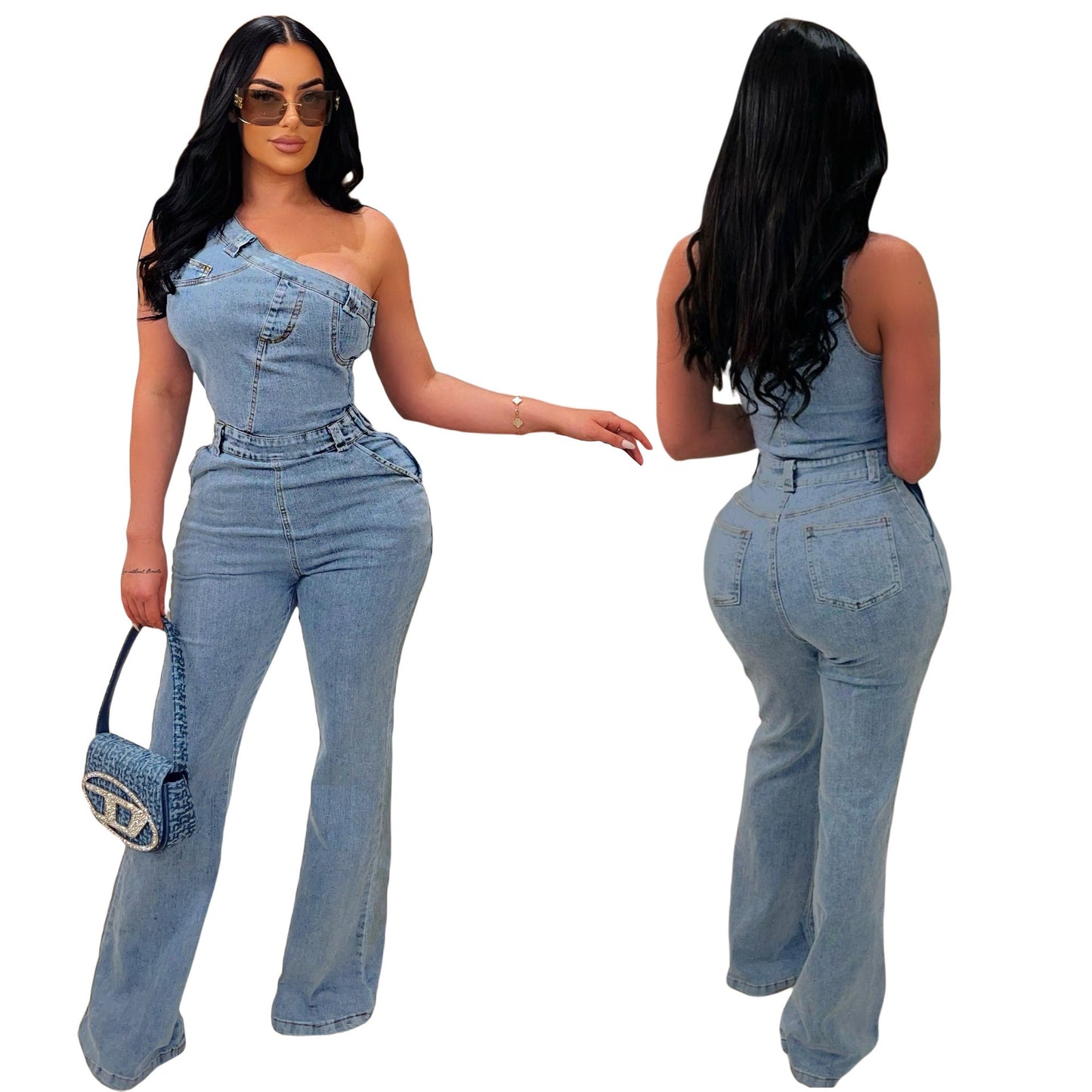 Slant Shoulder Tight Waist Slim Elastic Wash Denim Jumpsuit