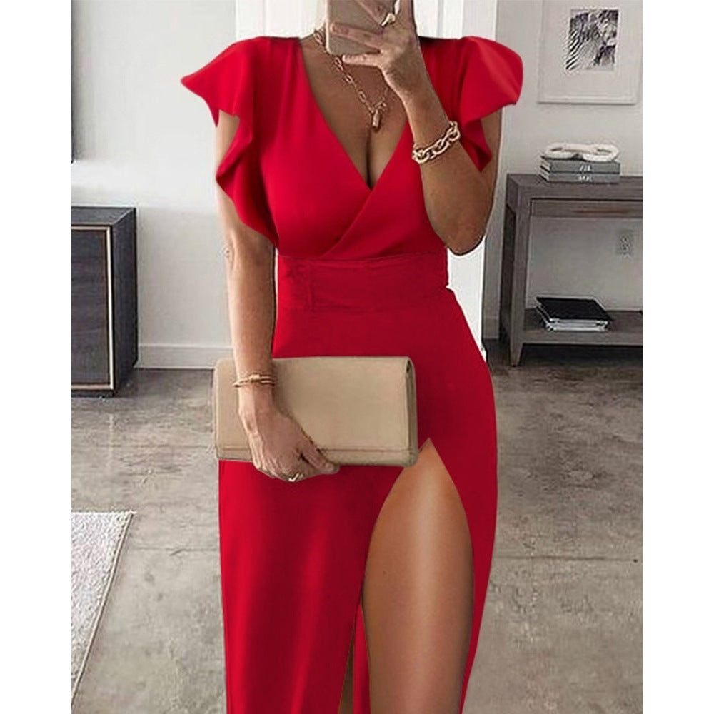 Fly G Sleeve Deep V High Slit Party Dress