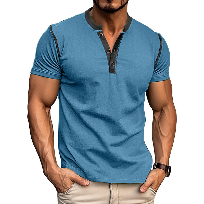 Fashion Short-sleeved Polo Shirt Summer Button V-neck T-shirt Tops Mens Clothing