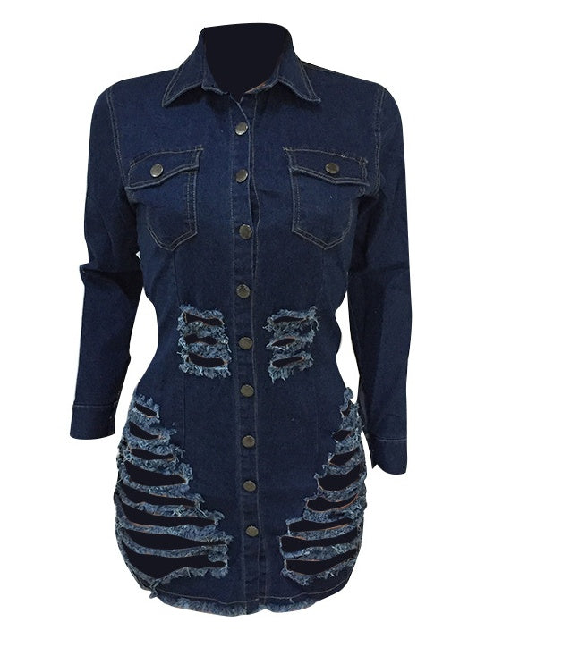 Shredded denim dress denim casual dress