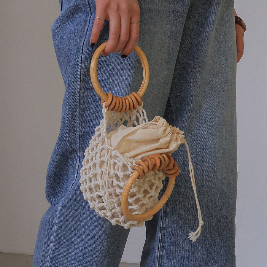 Woman Girl Fashion Woven Handbag Beach Style Wood Handle Drawstring Bucket Bag