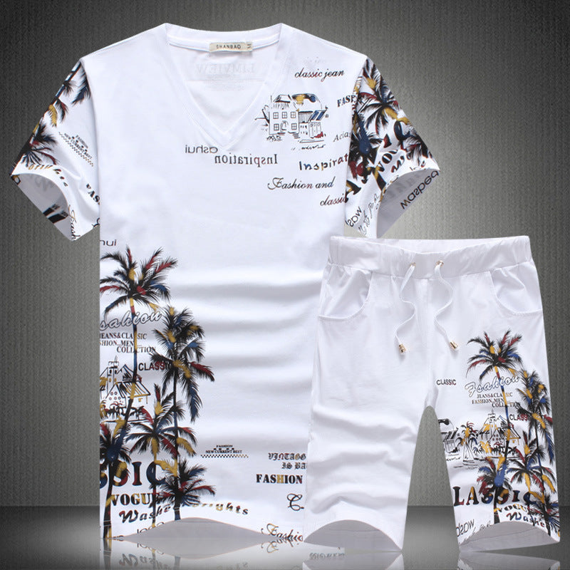 New Short-sleeved Suit Fashion Printed Men Leisure Set Short-sleeved T-shirt Shorts Sports Two-piece Suit