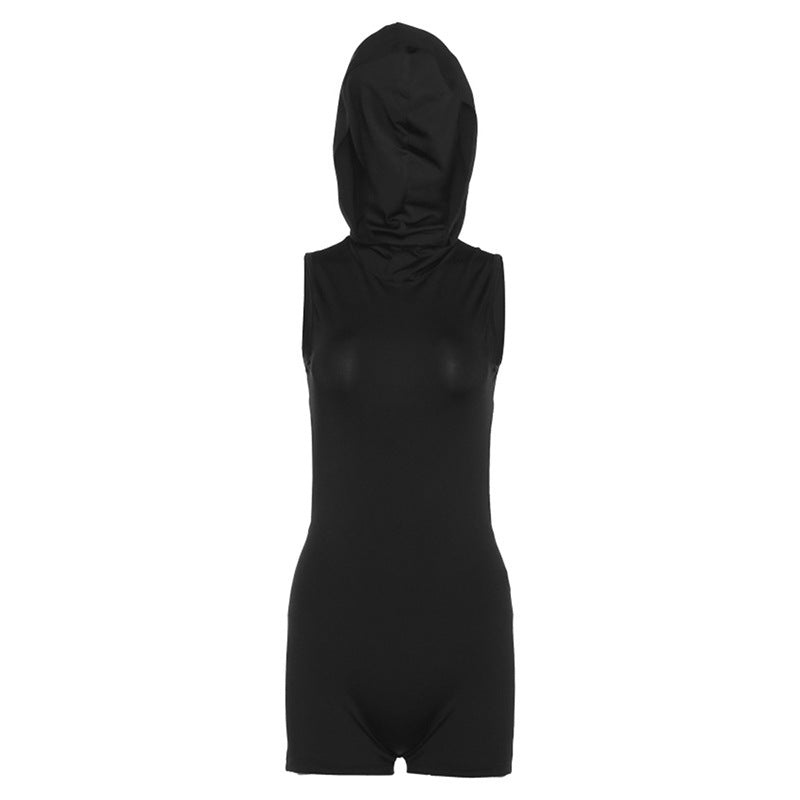 Women's Sleeveless Hooded Hollow-out Slim High Waist One-piece Shorts