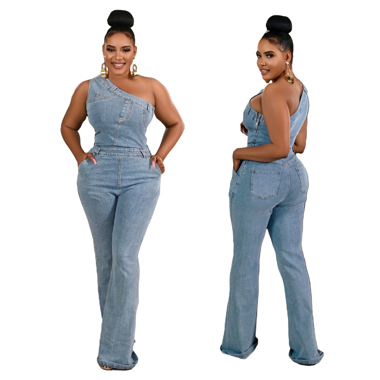 Slant Shoulder Tight Waist Slim Elastic Wash Denim Jumpsuit