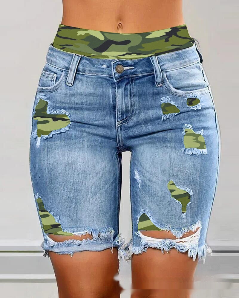 Color Contrast Patchwork Ripped Fake Two-piece Denim Shorts