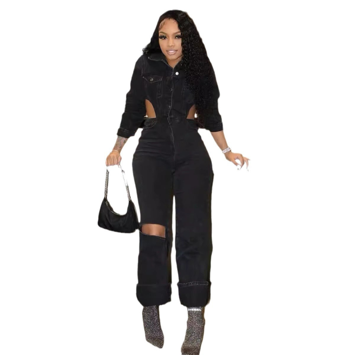 European And American New Casual Elastic Hollow Denim Jumpsuit