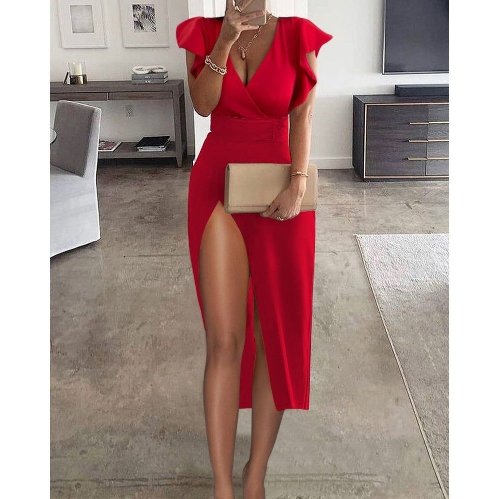 Fly G Sleeve Deep V High Slit Party Dress