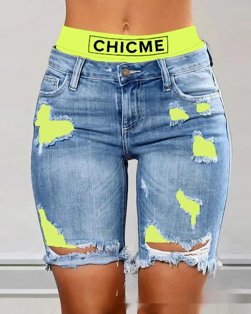 Color Contrast Patchwork Ripped Fake Two-piece Denim Shorts