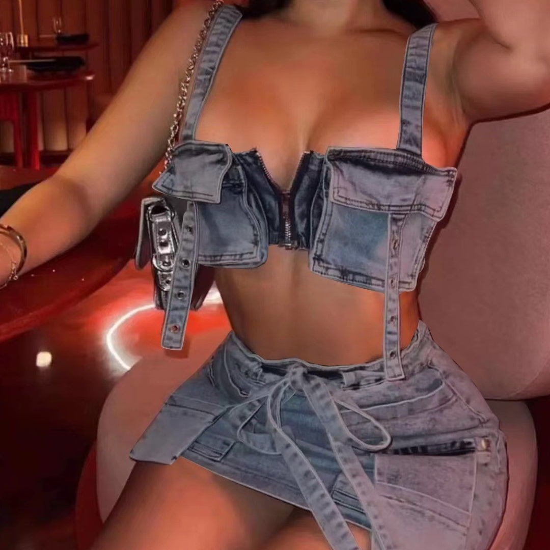 New Denim Strapless Dress Suit Hot Girl Short