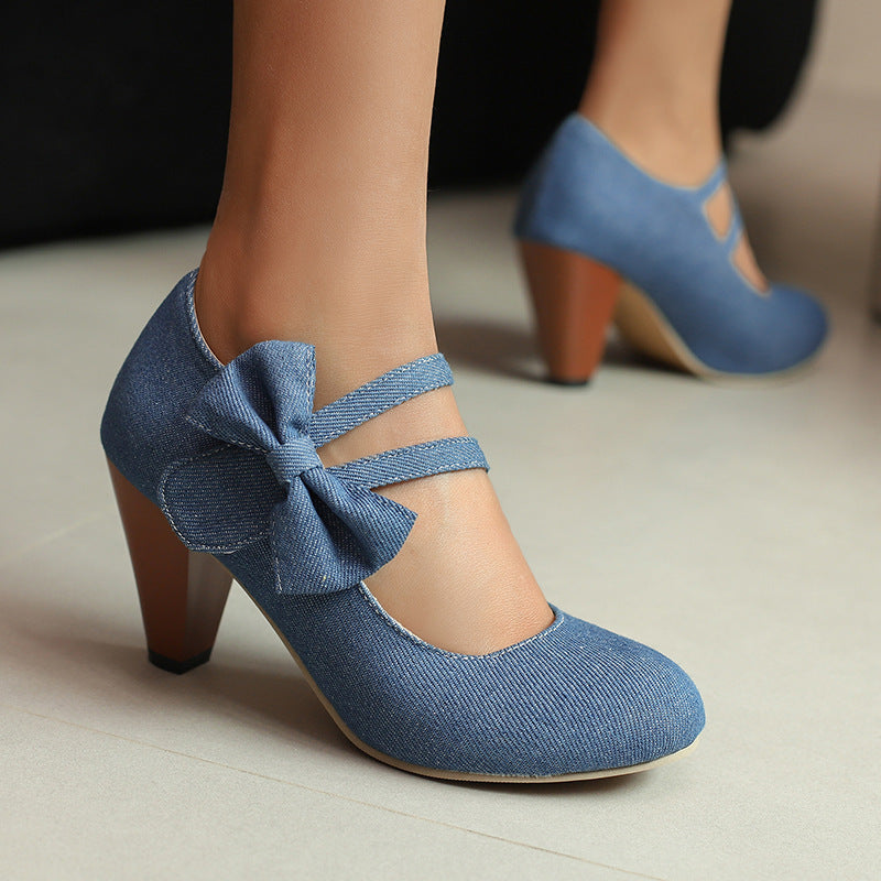 Round Toe High Heels Denim Bow