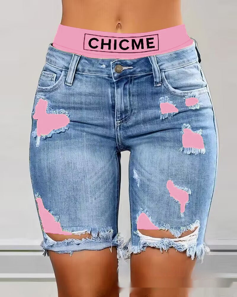 Color Contrast Patchwork Ripped Fake Two-piece Denim Shorts