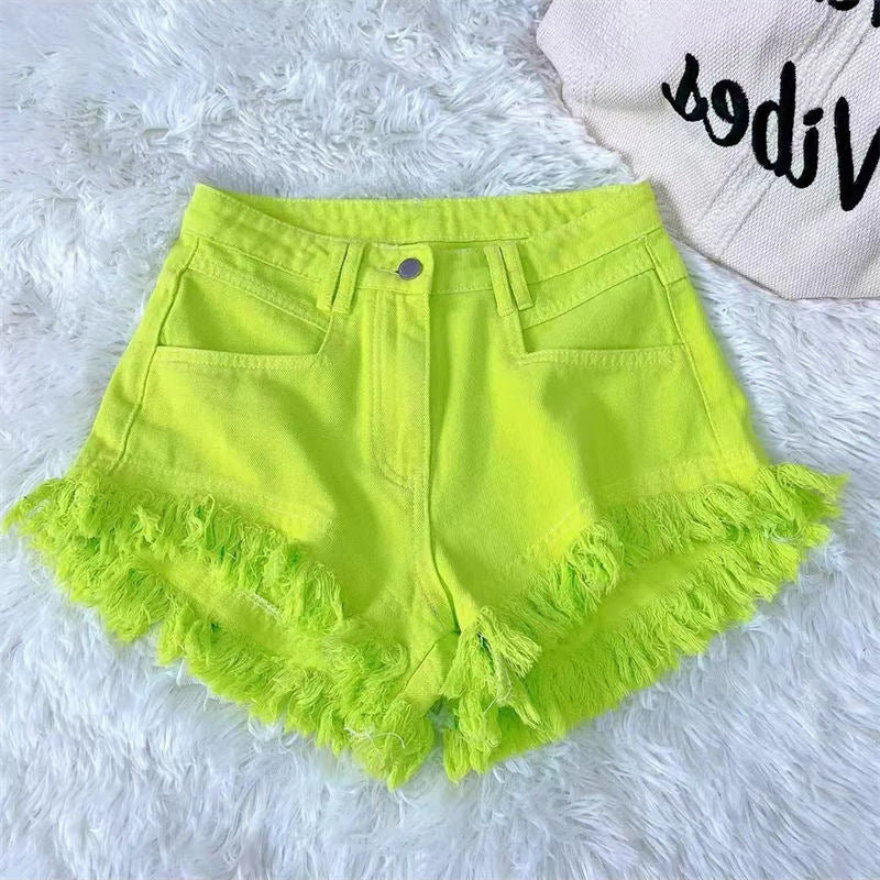 Mid-waist Korean Style Casual Hong Kong Style Burrs Tassels Hot Girl Denim Shorts