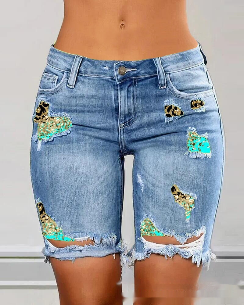 Color Contrast Patchwork Ripped Fake Two-piece Denim Shorts