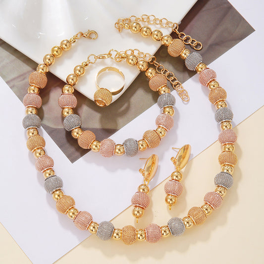 5Pcs Fashionable Metallic Beaded Necklaces Two Color Gold Bead Earrings Bracelets Suitable For Daily Wear Holiday Jewelry Gifts