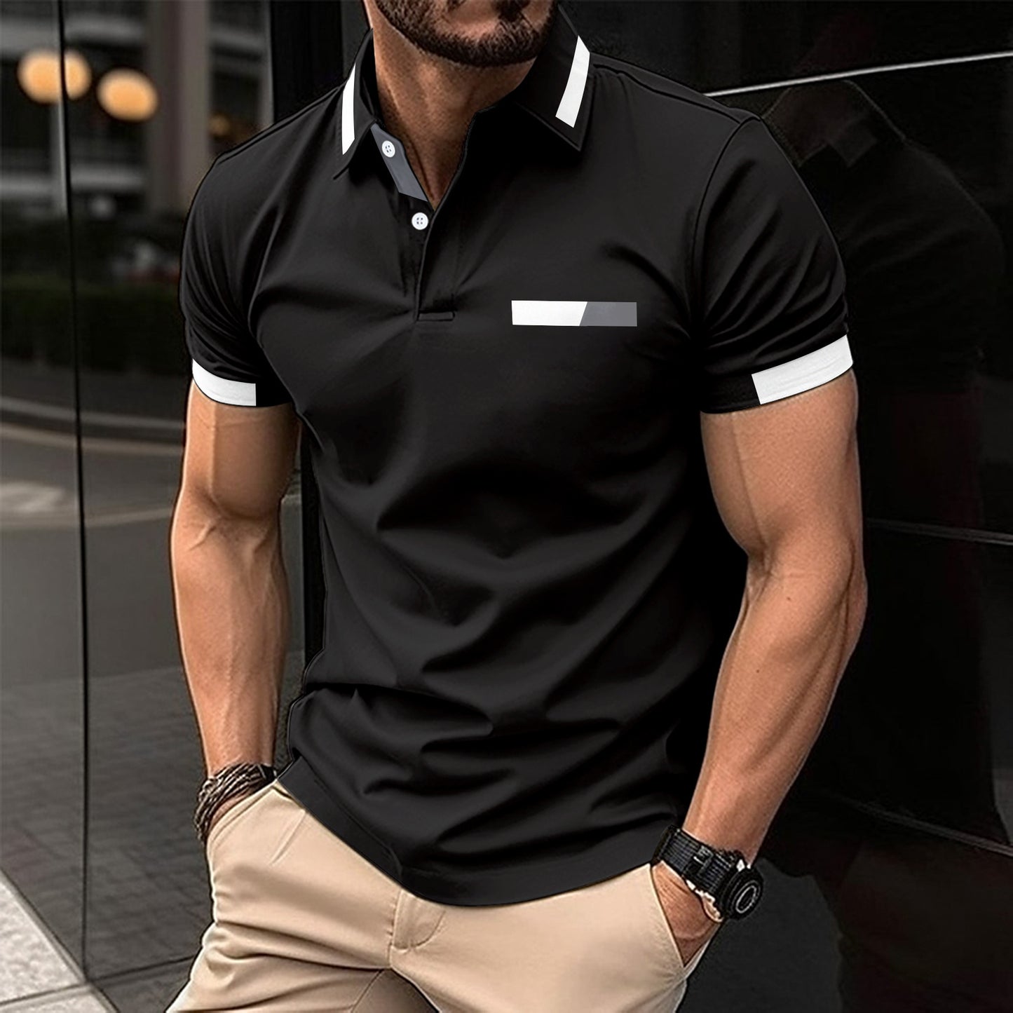 Men's Casual Polo Shirt Chest Faux Pocket Lapel Button Business T-shirt