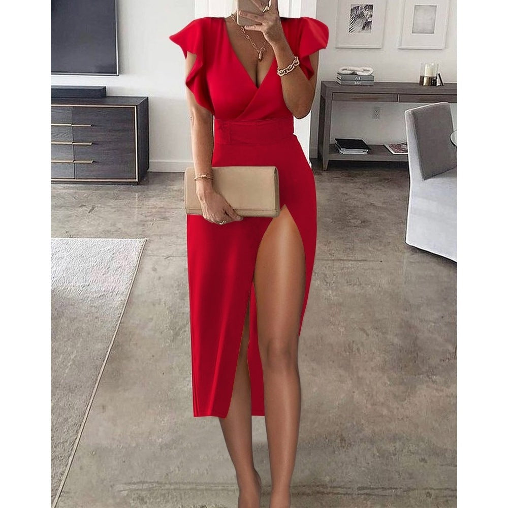 Fly G Sleeve Deep V High Slit Party Dress