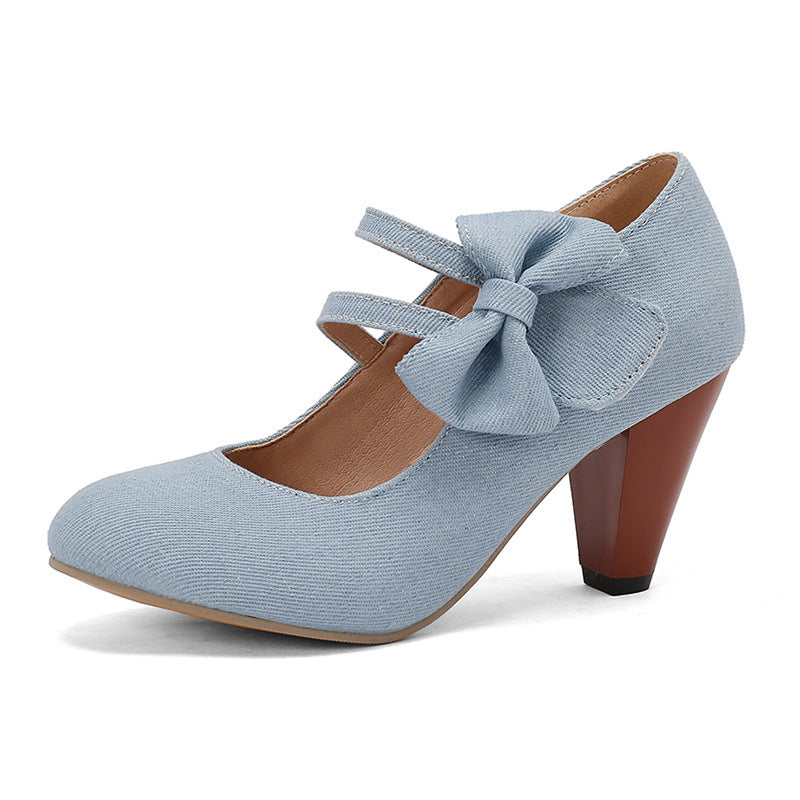 Round Toe High Heels Denim Bow