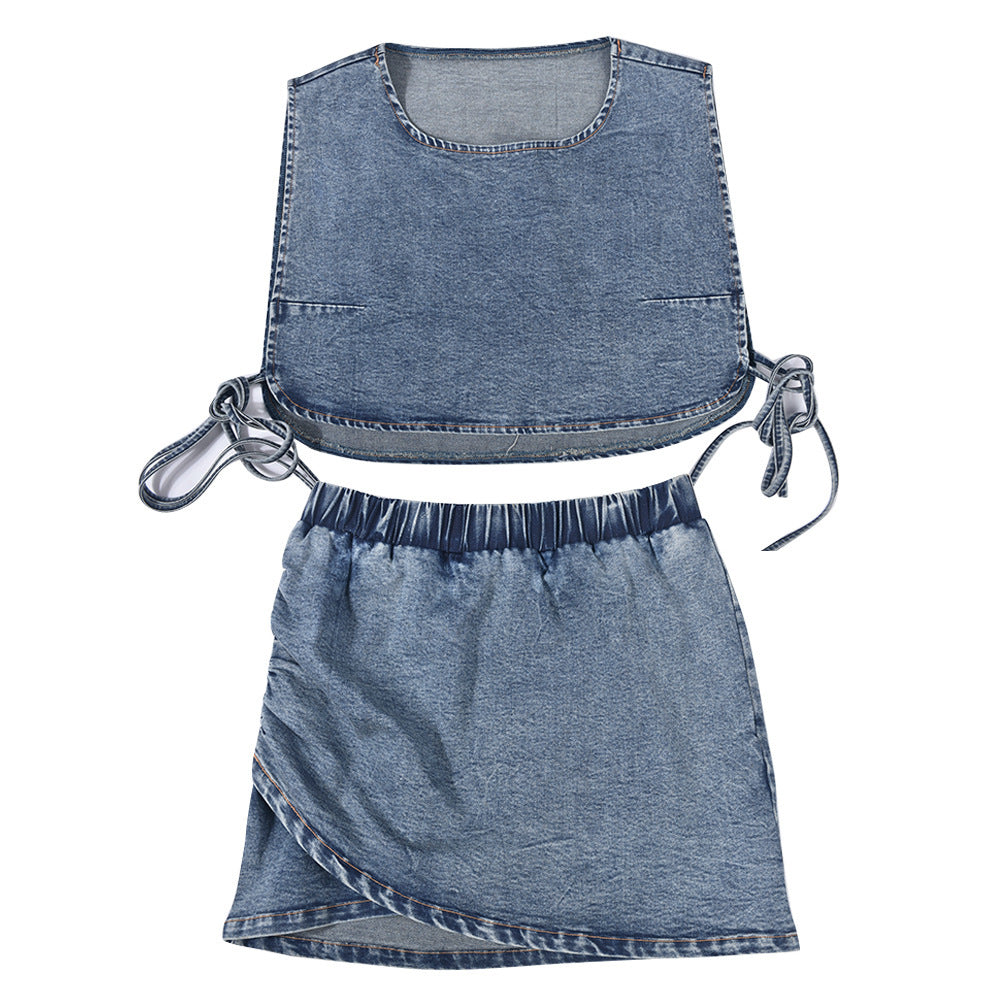 Denim Style Vest Short Skirt Stretch Two-piece Suit Sexy Denim Women's Wear