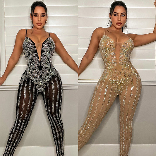 Nightclub Mesh Hot Drilling See-through Sling Jumpsuit