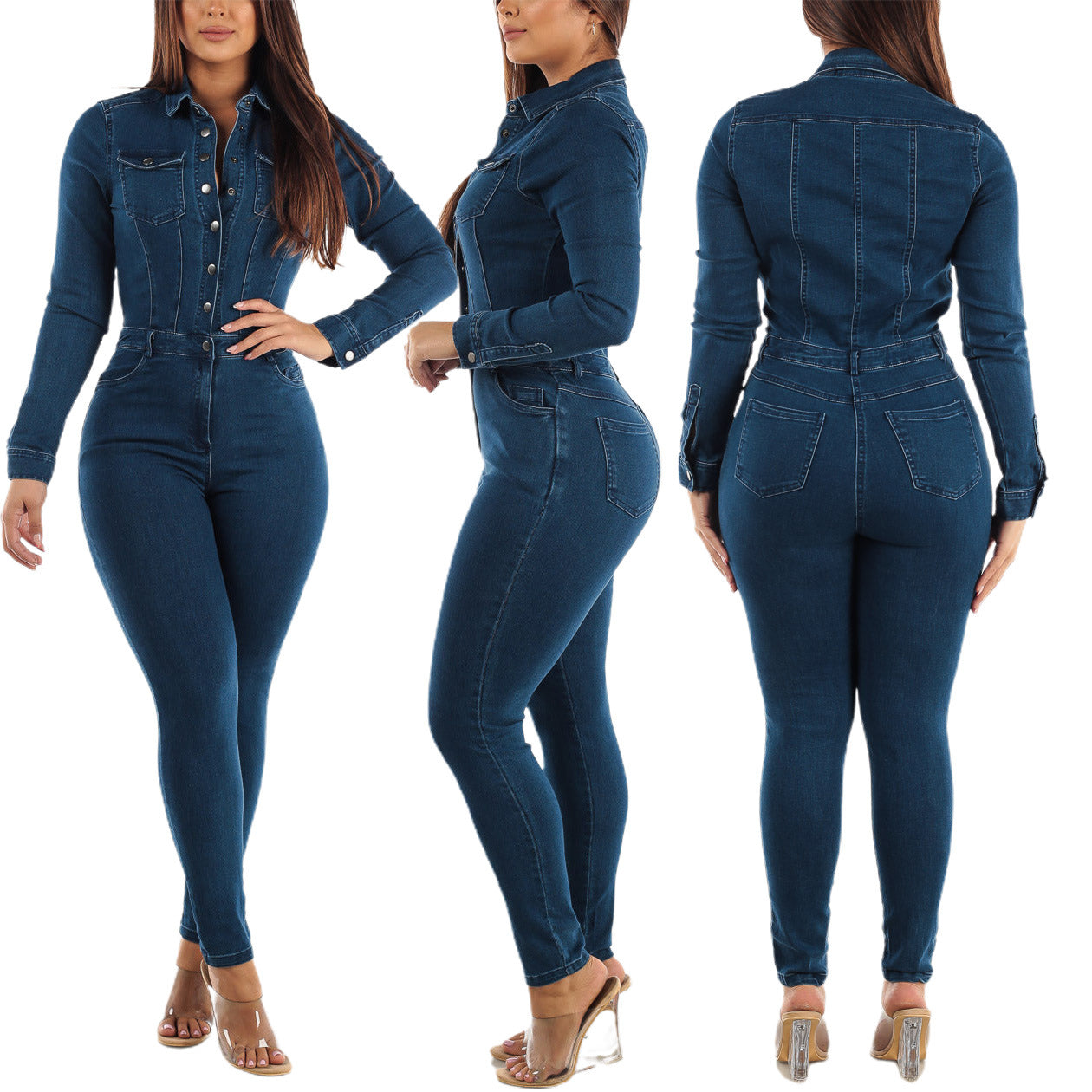 Elastic Ankle Wash Denim Jumpsuit Jumpsuit