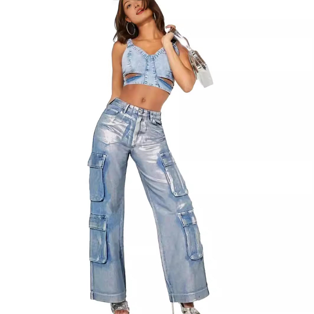 Fashion Hot Silver Craft Stretch Denim Multi-pocket Overalls