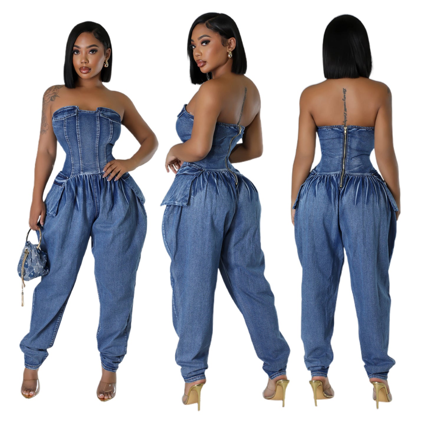 Women's Tube Top High Elastic Fashion Denim Jumpsuit