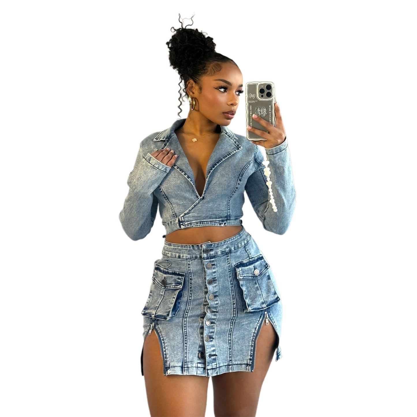 Fashion Personality Slim Fit Denim Skirt Suit