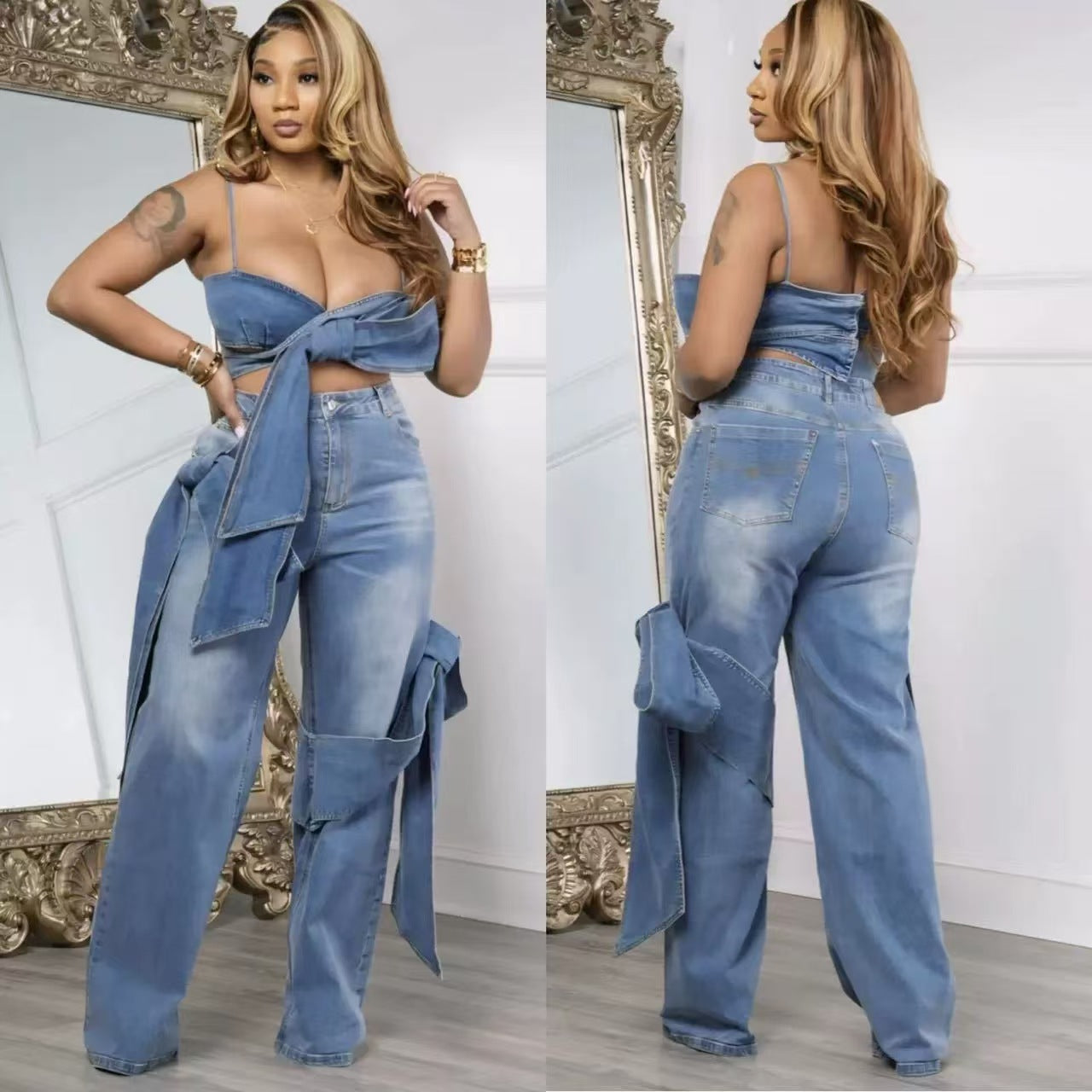 Sexy Camisole Tube Top Denim Trousers Suit