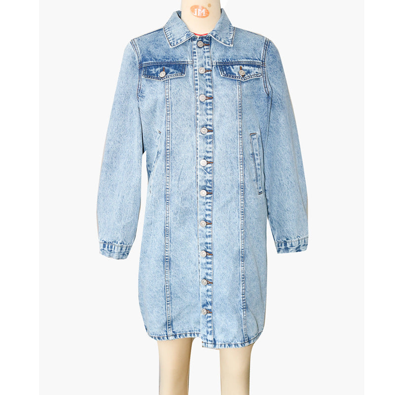 Fashion Polo Collar Long Single-breasted Denim Coat Women's Clothing