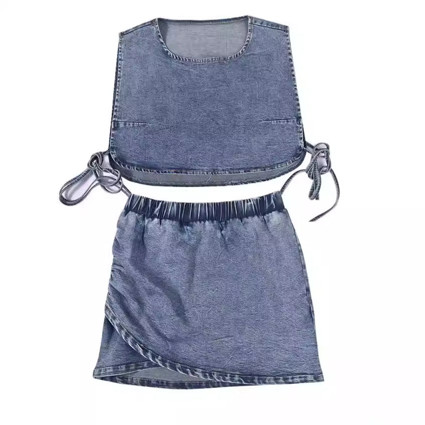 Denim Style Vest Short Skirt Stretch Two-piece Suit Sexy Denim Women's Wear