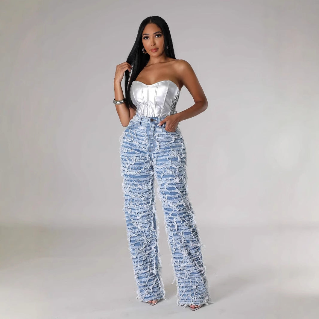 Women's High Waist Edging Ripped Tassel Loose Denim Straight-leg Pants