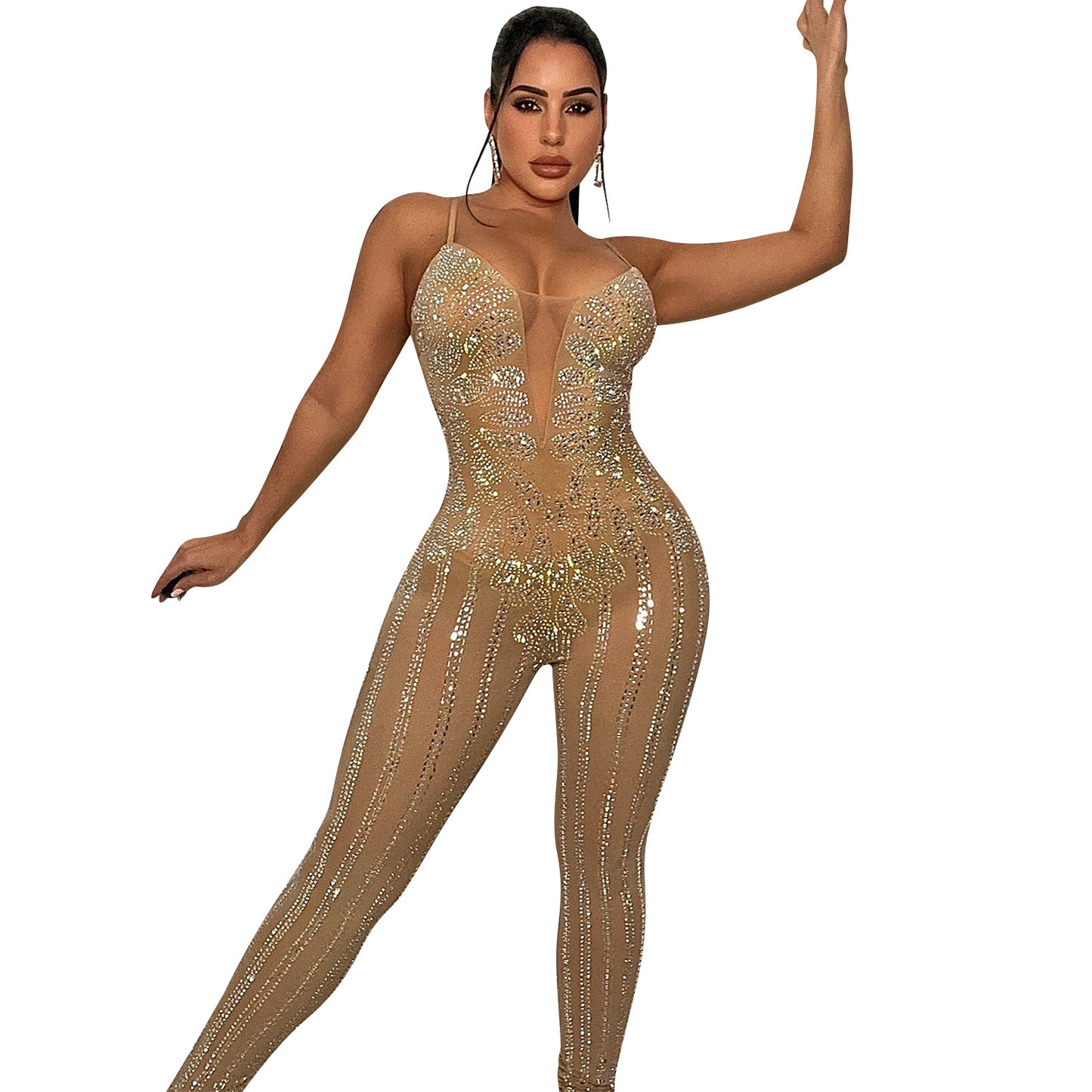 Nightclub Mesh Hot Drilling See-through Sling Jumpsuit