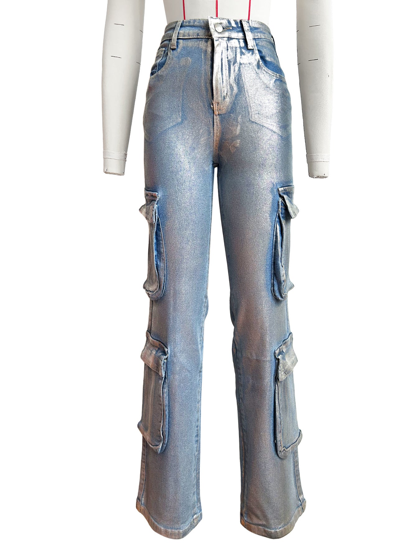 Fashion Hot Silver Craft Stretch Denim Multi-pocket Overalls