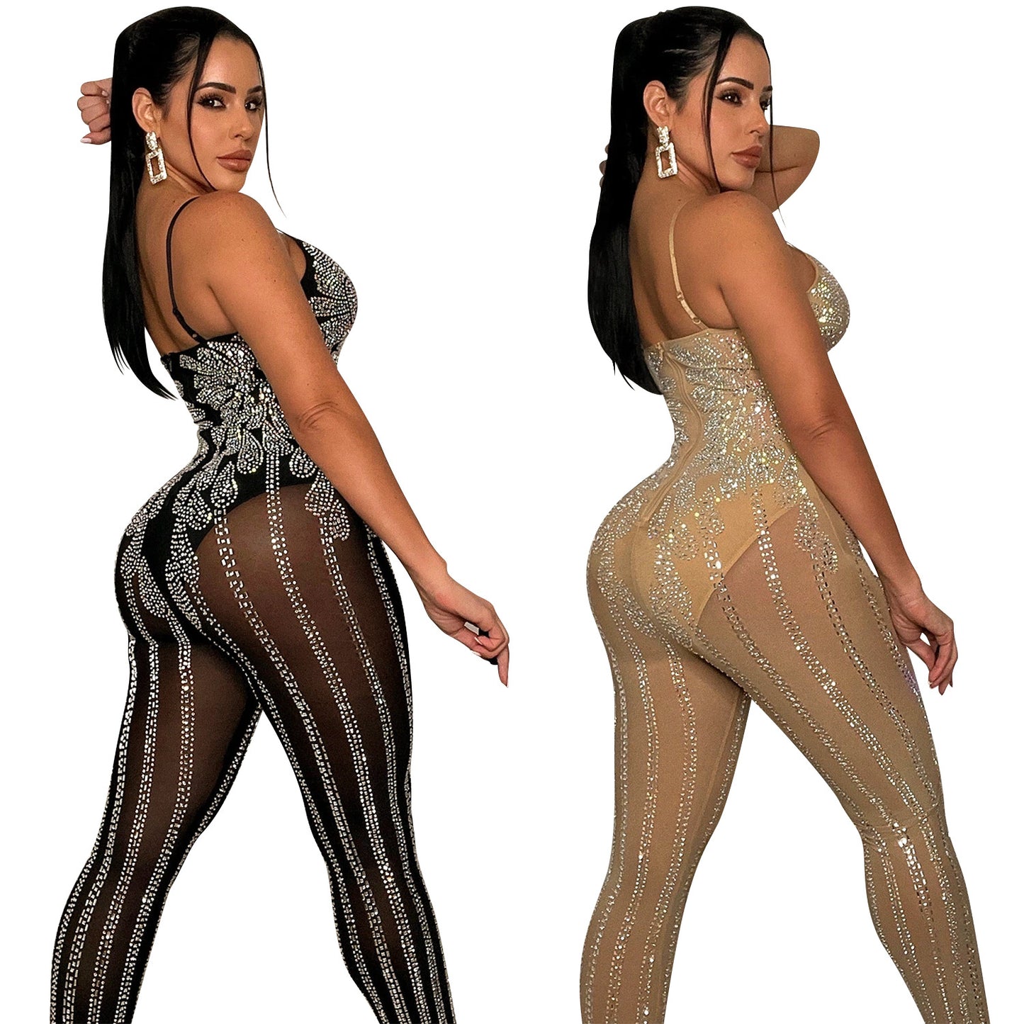 Nightclub Mesh Hot Drilling See-through Sling Jumpsuit