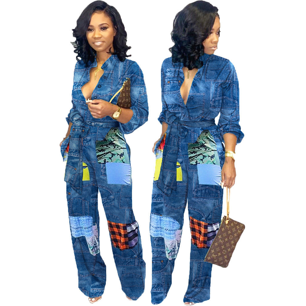 European And American Fashion Denim Jumpsuit