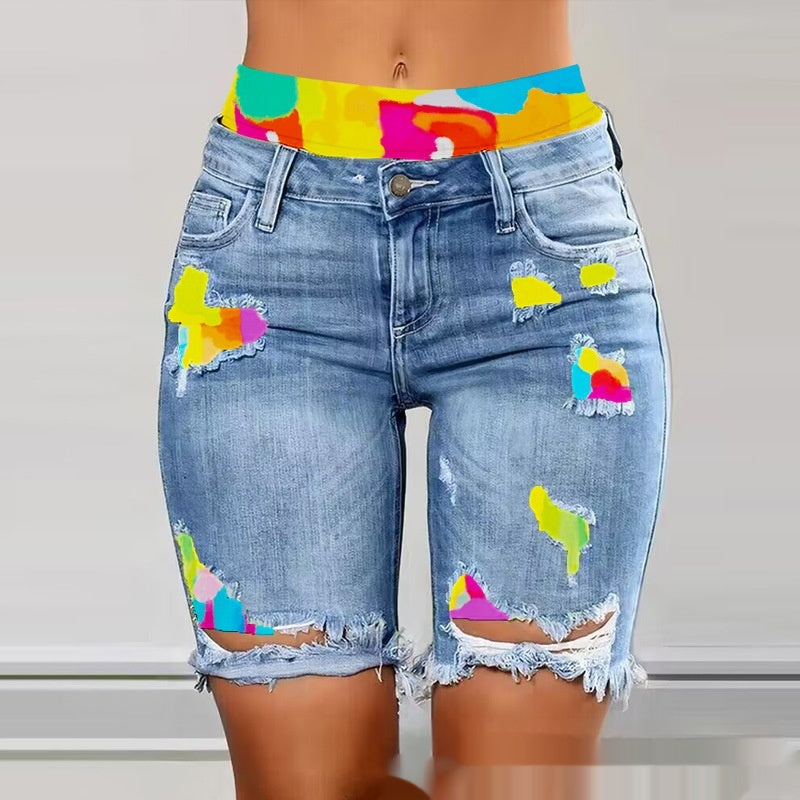 Color Contrast Patchwork Ripped Fake Two-piece Denim Shorts