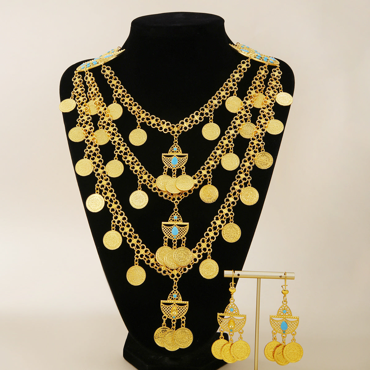 1set Fashion Retro 18k Gold Tassel Necklace Earrings Coin Middle East Set Multi-layer Set, Suitable For Holiday Gifts, Gatherings And Weddings To Wear