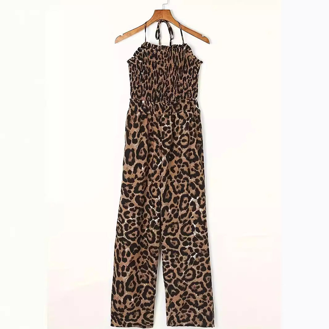 Women's Leopard Print Halter Backless Jumpsuit