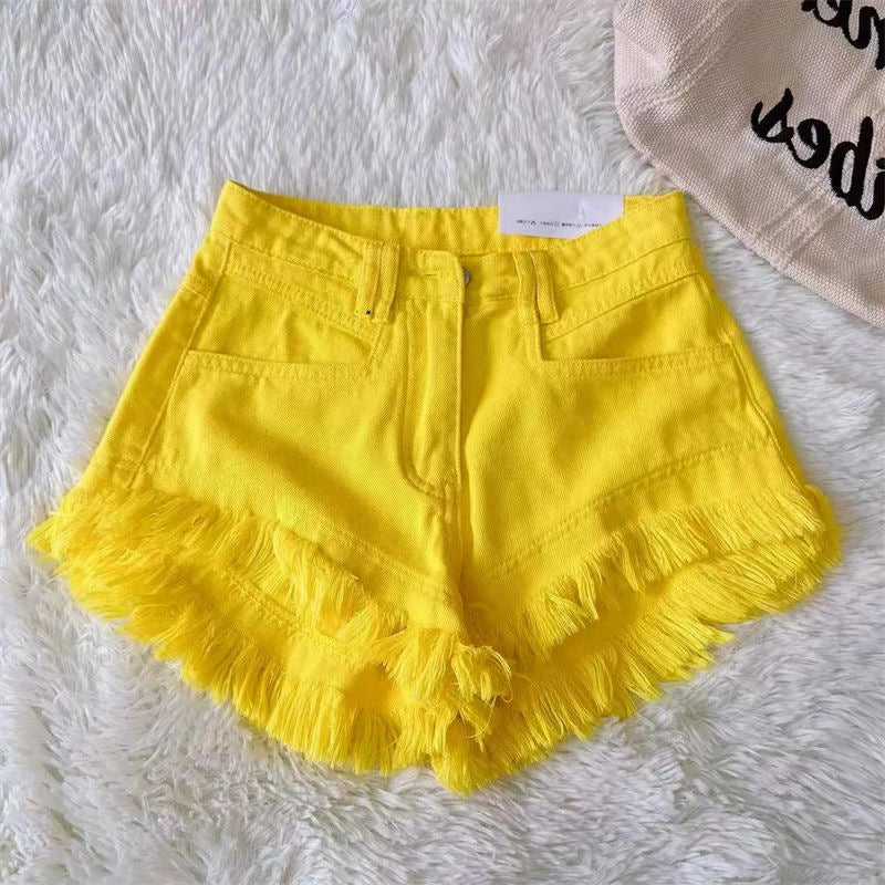 Mid-waist Korean Style Casual Hong Kong Style Burrs Tassels Hot Girl Denim Shorts