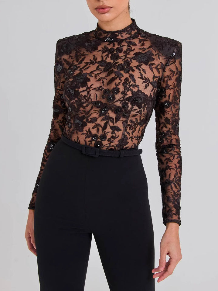 Black See-through Lace Long-sleeved Trousers Jumpsuit