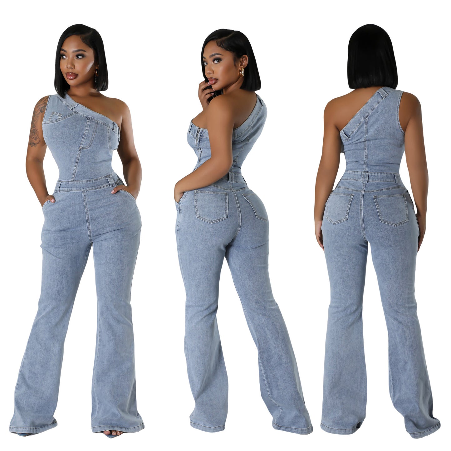 Slant Shoulder Tight Waist Slim Elastic Wash Denim Jumpsuit