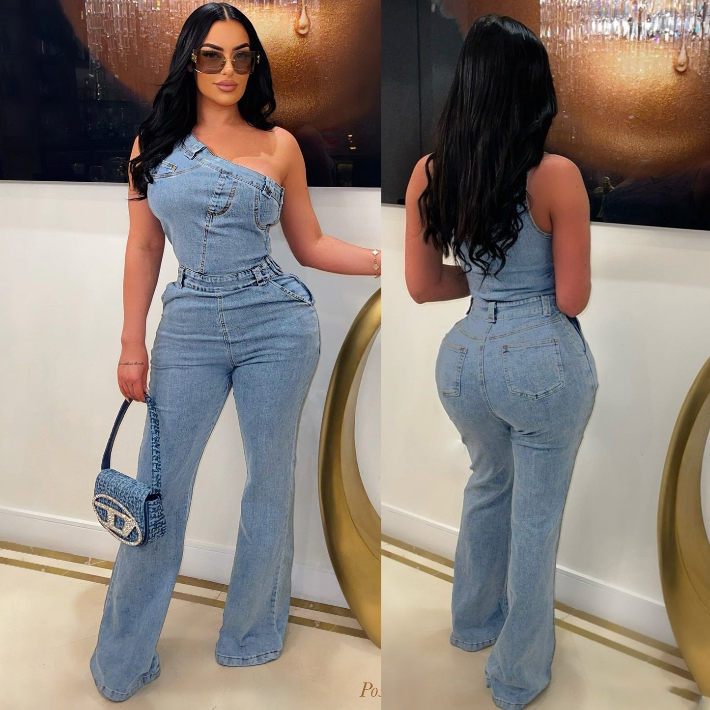 Slant Shoulder Tight Waist Slim Elastic Wash Denim Jumpsuit